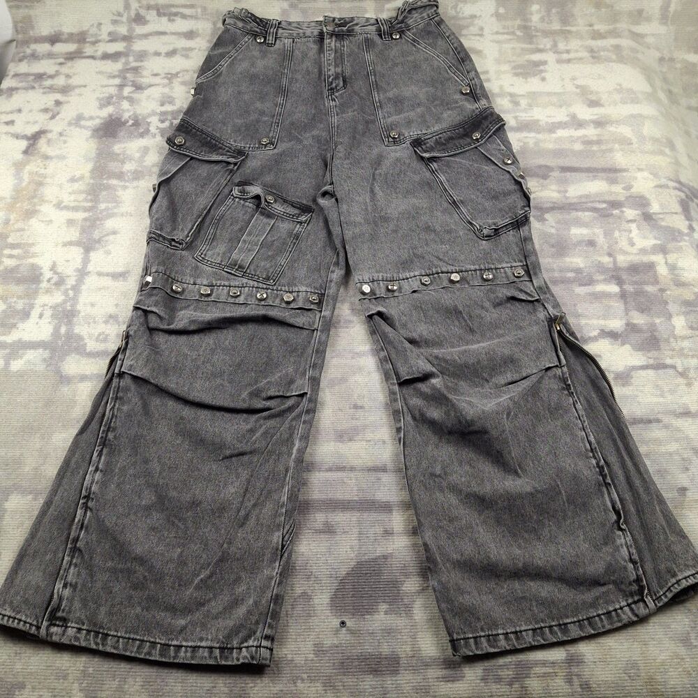 Masonprince Mall Goth Punk Cargo Pants Size 4 Wide Leg Grey Acid Wash Jeans